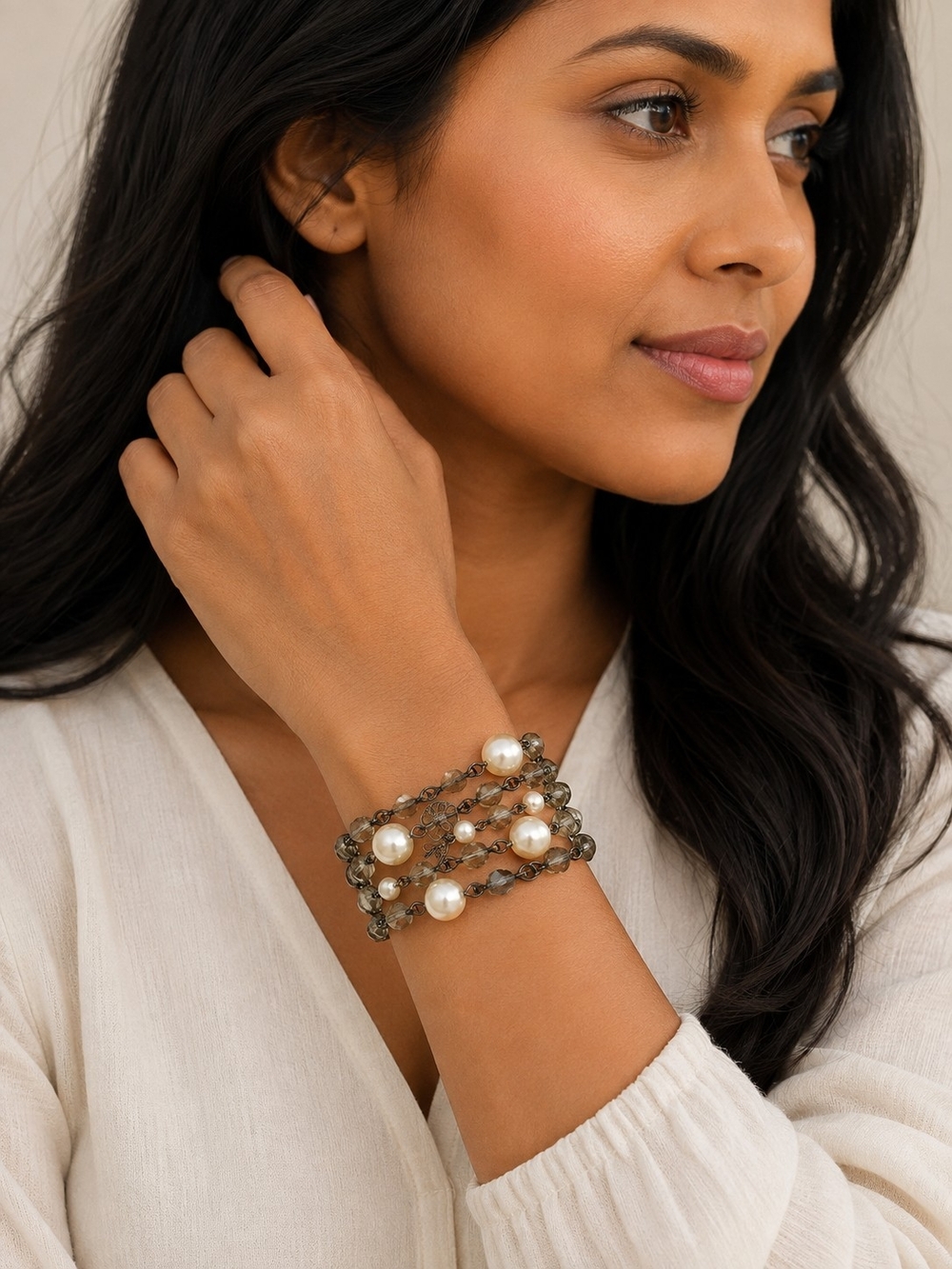 White House | Black Market Pearl and Smoky Bead Wrap Bracelet - MSRP US$45
